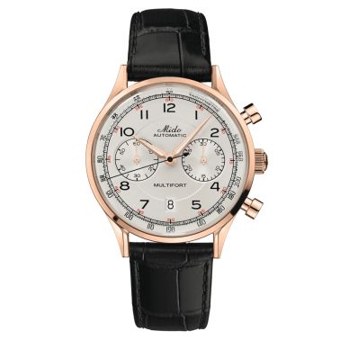 Montre Mido Multifort Patrimony Chronograph PVD Or Rose automatique cadran ivoire bracelet cuir noir 42 mm M040.427.36.262.00