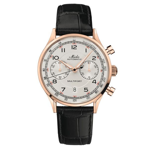 Montre Mido Multifort Patrimony Chronograph PVD Or Rose automatique cadran ivoire bracelet cuir noir 42 mm M040.427.36.262.00