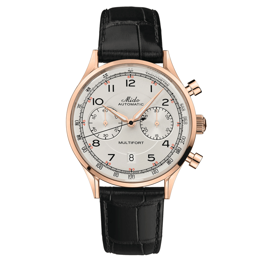 Montre Mido Multifort Patrimony Chronograph PVD Or Rose automatique cadran ivoire bracelet cuir noir 42 mm M040.427.36.262.00