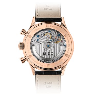 Montre Mido Multifort Patrimony Chronograph PVD Or Rose automatique cadran ivoire bracelet cuir noir 42 mm M040.427.36.262.00