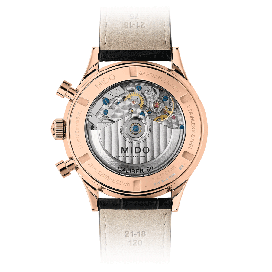 Montre Mido Multifort Patrimony Chronograph PVD Or Rose automatique cadran ivoire bracelet cuir noir 42 mm M040.427.36.262.00