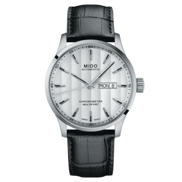 Montre Mido Multifort Chronometer 1 COSC automatique cadran blanc bracelet cuir noir 42 mm M038.431.16.031.00