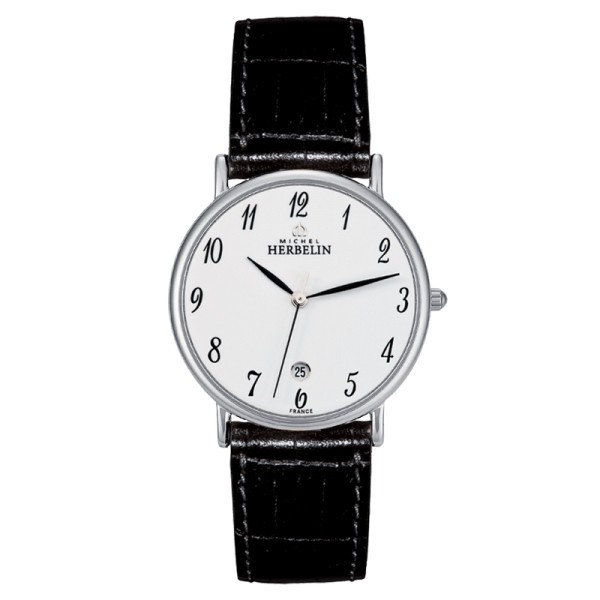 Montre Michel Herbelin Classiques quartz cadran blanc chiffres arabes bracelet cuir noir 34 mm