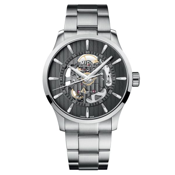 Montre Mido Multifort Skeleton Vertigo automatique cadran squelette anthracite bracelet acier 42 mm M038.436.11.061.00