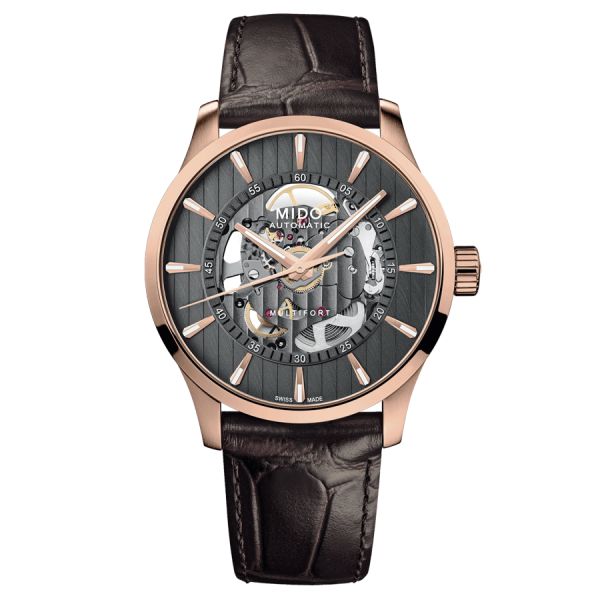 Montre Mido Multifort Skeleton Vertigo PVD Or Rose automatique cadran squelette anthracite bracelet cuir brun 42 mm M038.436.36.