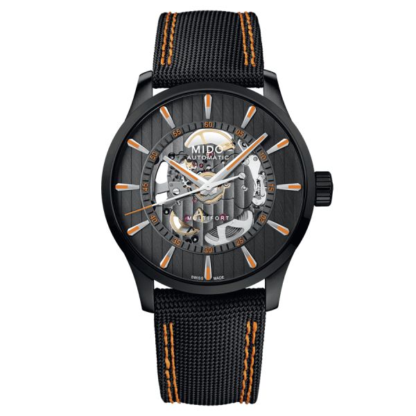 Mido Multifort Skeleton Vertigo PVD Black automatic watch black skeleton dial black fabric strap 42 mm M038.436.37.051.00