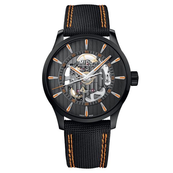 Montre Mido Multifort Skeleton Vertigo PVD Noir automatique cadran squelette noir bracelet tissu noir 42 mm M038.436.37.051.00