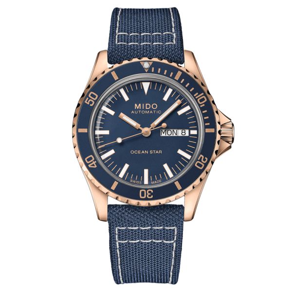 Mido Ocean Star Tribute PVD Rose Gold automatic watch blue dial blue fabric strap 40,5 mm M026.830.38.041.00