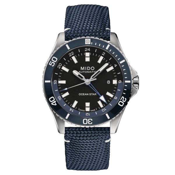 Mido Ocean Star GMT automatic watch black dial blue fabric strap 44 mm M026.629.17.051.00