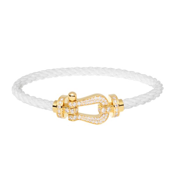 Fred Force 10 large model bracelet in yellow gold, diamond-paved and white cable