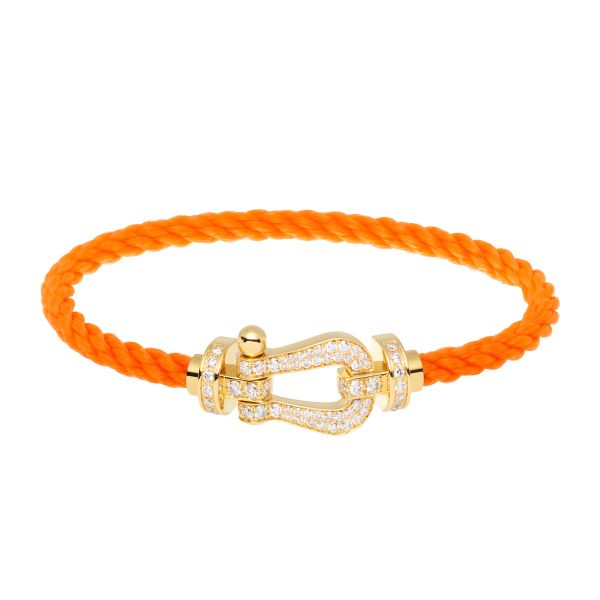 Fred Force 10 large model bracelet in yellow gold, diamond-paved and fluorescent orange cable