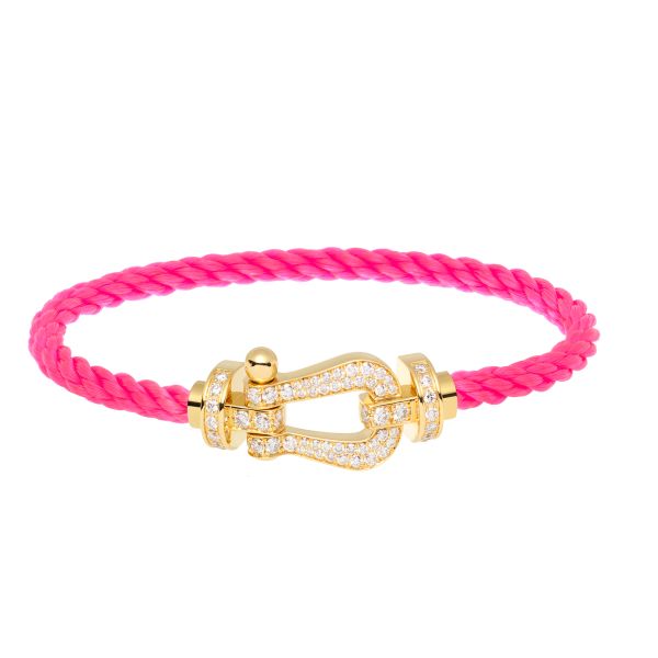 Fred Force 10 large model bracelet in yellow gold, diamond-paved and fluorescent pink cable