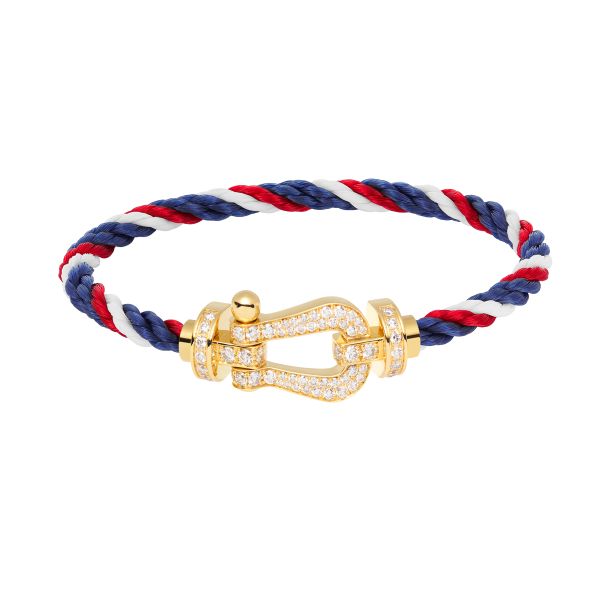 Fred Force 10 large model bracelet in yellow gold, diamond-paved and blue-white-red cable