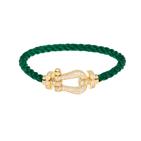 Bracelet Fred Force 10 grand modèle en or jaune, pavage diamants et câble vert émeraude 0B0048-6B1084