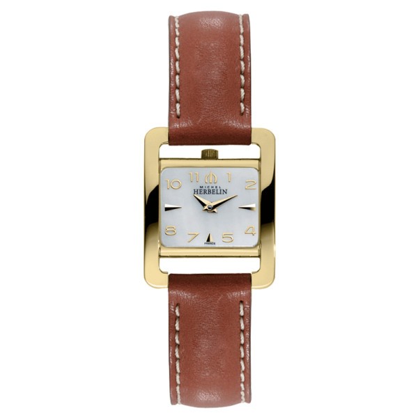 Montre Michel Herbelin 5ème Avenue quartz acier PVD or jaune cadran nacre bracelet cuir brun - SOLDAT