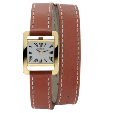 Montre Michel Herbelin 5ème Avenue quartz acier PVD or jaune bracelet cuir double tour marron - SOLDAT