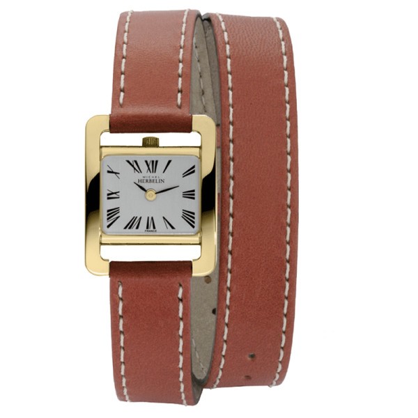 Montre Michel Herbelin 5ème Avenue quartz acier PVD or jaune bracelet cuir double tour marron - SOLDAT