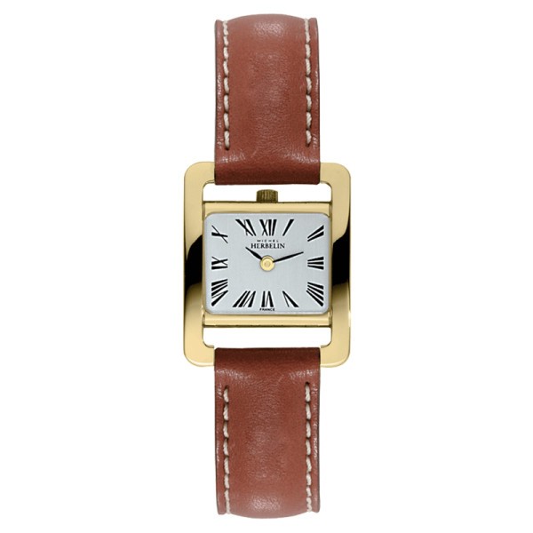 Montre Michel Herbelin 5ème Avenue quartz acier  PVD or jaune cadran blanc bracelet cuir marron