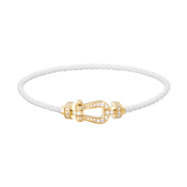 Fred Force 10 bracelet, medium model in yellow gold, diamond-paved and white cable