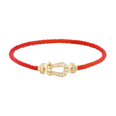 Bracelet Fred Force 10 moyen modèle en or jaune, pavage diamants et câble rouge