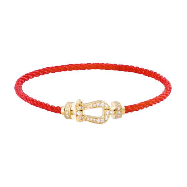 Bracelet Fred Force 10 moyen modèle en or jaune, pavage diamants et câble rouge