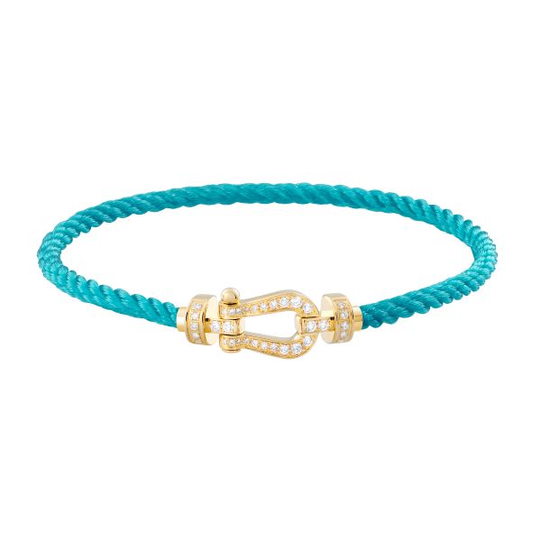 Bracelet Fred Force 10 moyen modèle en or jaune, pavage diamants et câble turquoise
