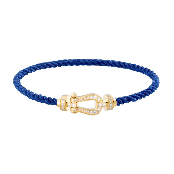 Bracelet Fred Force 10 moyen modèle en or jaune, pavage diamants et câble bleu indigo