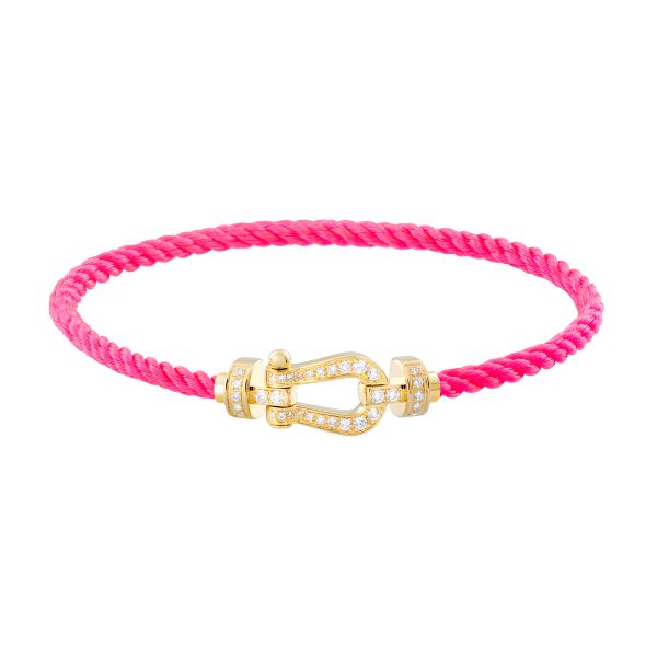 Bracelet Fred Force 10 moyen modèle en or jaune, pavage diamants et câble rose fluo