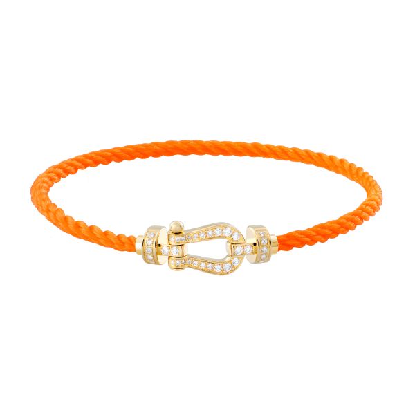Fred Force 10 bracelet medium model in yellow gold, diamond-paved and fluorescent orange cable