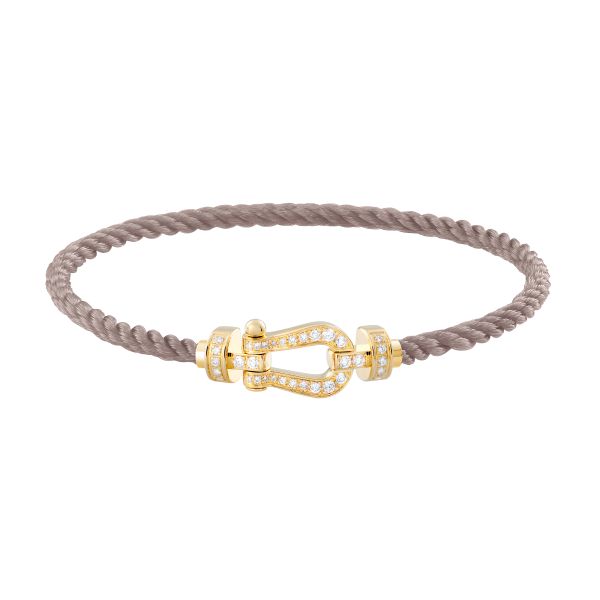 Fred Force 10 bracelet medium model in yellow gold, diamond-paved and taupe cable