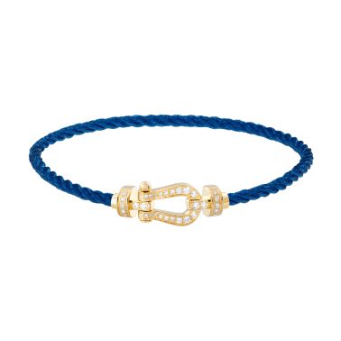 Fred Force 10 bracelet medium model in yellow gold, diamond-paved and jean blue cable