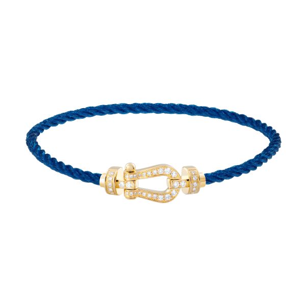 Bracelet Fred Force 10 moyen modèle en or jaune, pavage diamants et câble bleu jean