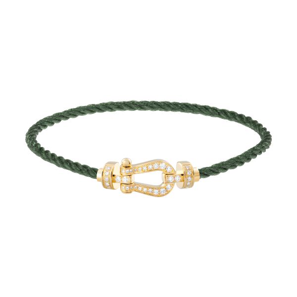 Fred Force 10 bracelet medium model in yellow gold, diamond-paved and khaki cable