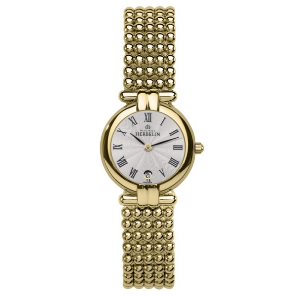Montre Michel Herbelin Perles quartz cadran argent soleillé bracelet acier PVD or jaune 24,4 mm - SOLDAT