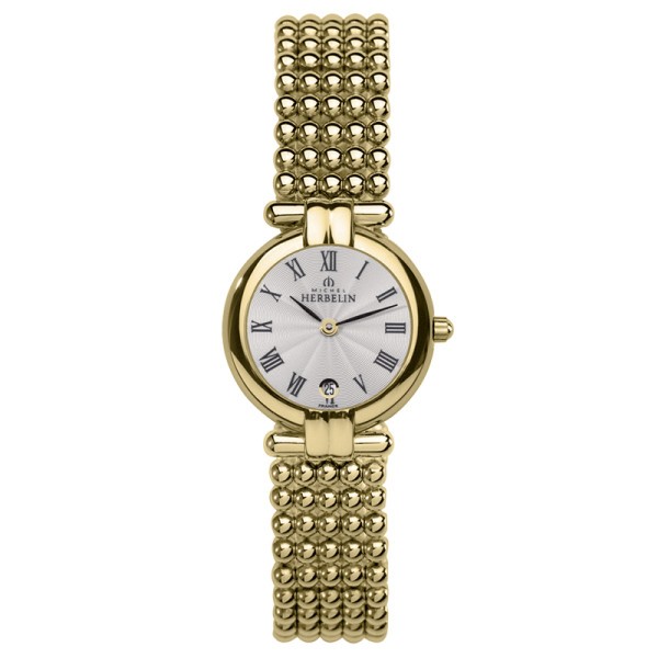 Montre Michel Herbelin Perles quartz cadran argent soleillé bracelet acier PVD or jaune 24,4 mm