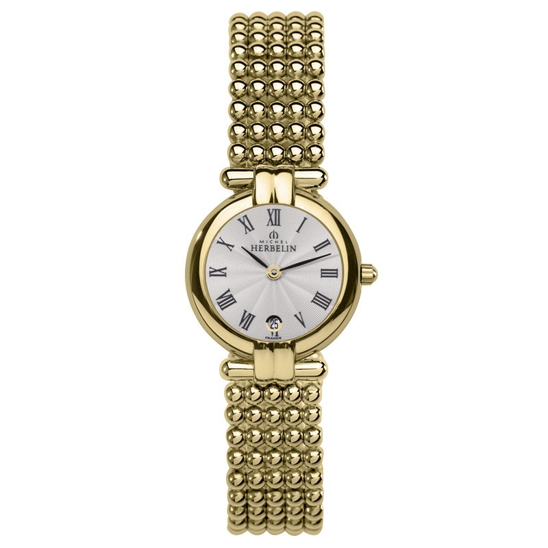 Montre Michel Herbelin Perles quartz cadran argent soleillé bracelet acier PVD or jaune 24,4 mm
