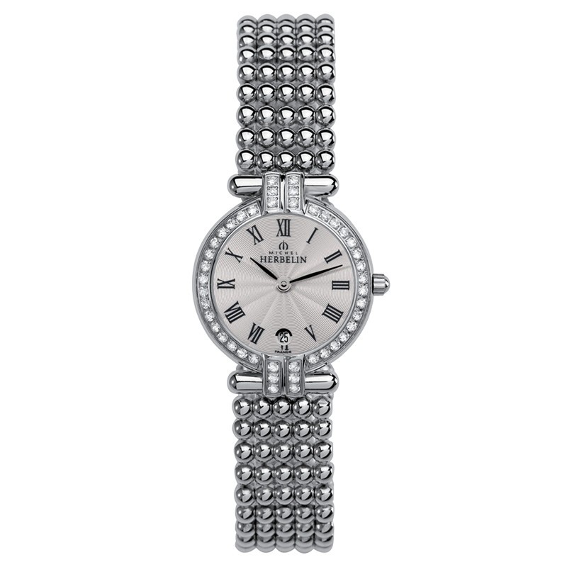 Montre Michel Herbelin Perles quartz lunette sertie cadran argent soleillé bracelet acier 24,4 mm
