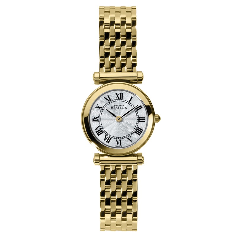 Montre Michel Herbelin Antarès quartz cadran blanc chiffres romains bracelet acier PVD or jaune 29 mm - SOLDAT