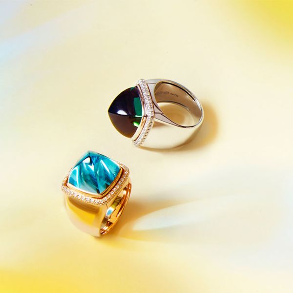 Cabochon Fred Pain de Sucre grand modèle or rose et prasiolite