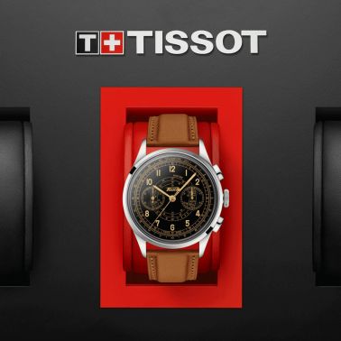Montre Tissot Telemeter 1938 automatique cadran noir bracelet cuir marron 42 mm T142.462.16.052.00