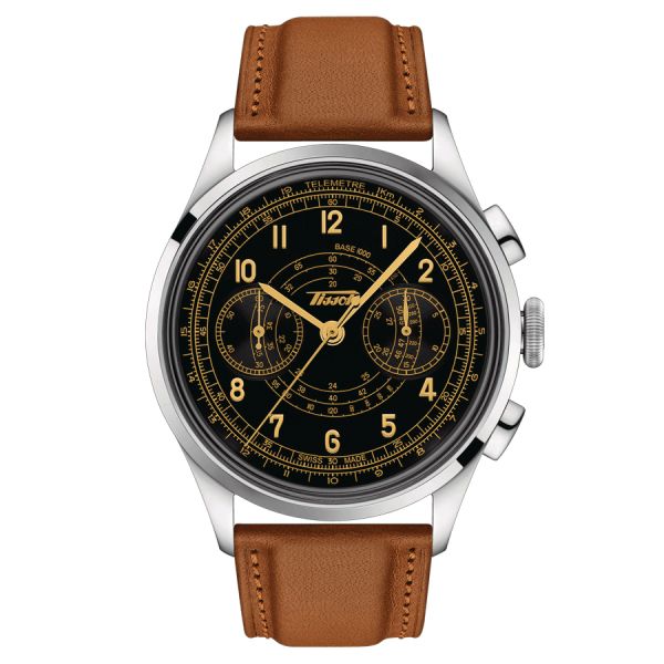 Montre Tissot Telemeter 1938 automatique cadran noir bracelet cuir marron 42 mm T142.462.16.052.00