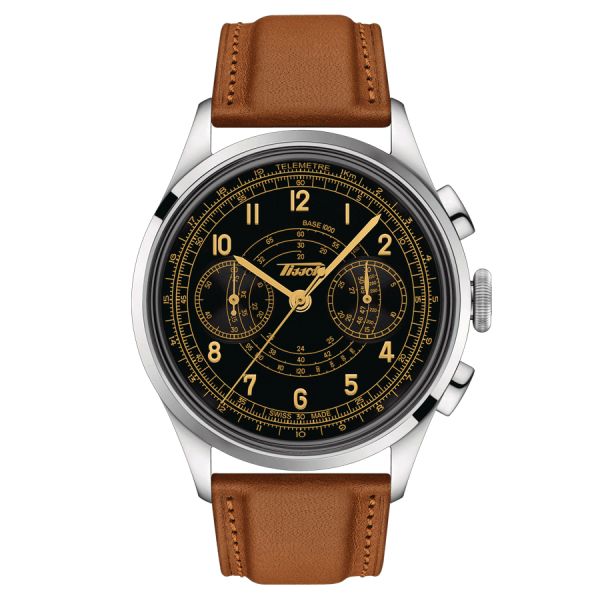 Tissot Telemeter 1938 automatic watch black dial brown leather strap 42 mm T142.462.16.052.00