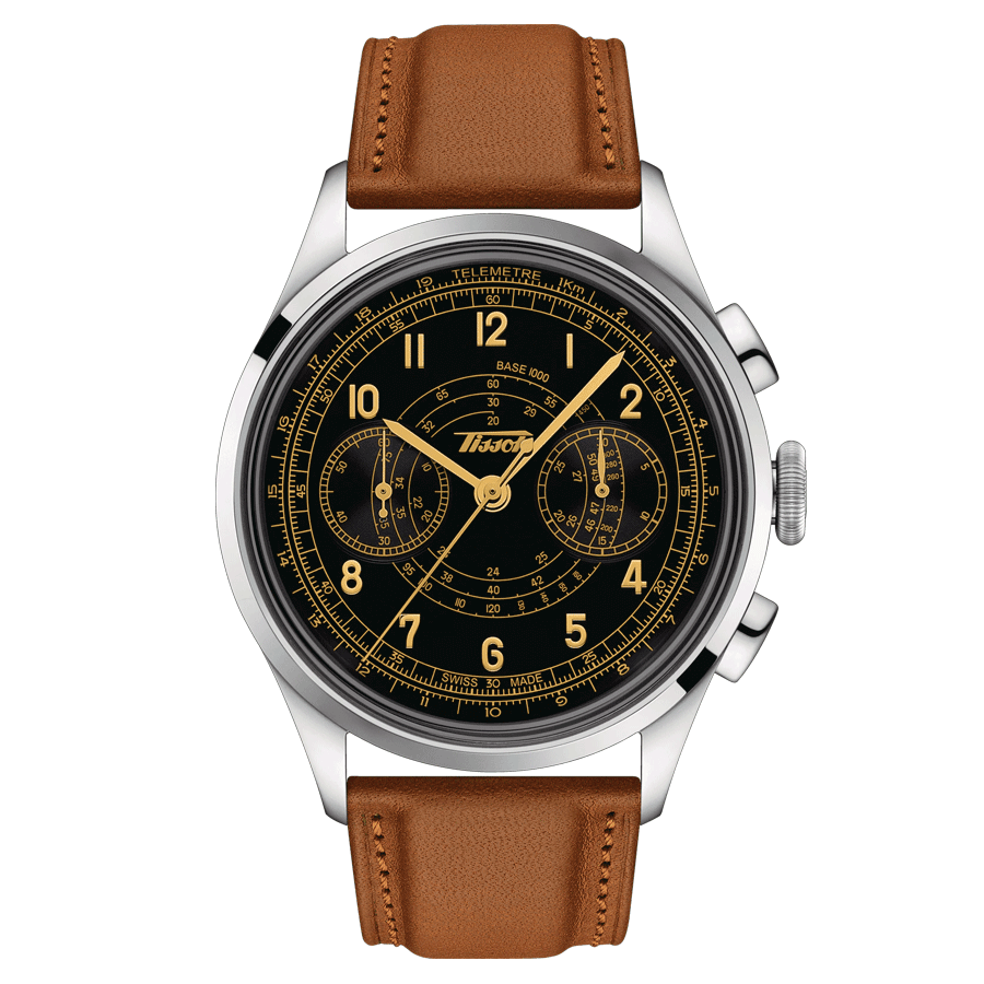 Montre Tissot Telemeter 1938 automatique cadran noir bracelet cuir marron 42 mm T142.462.16.052.00