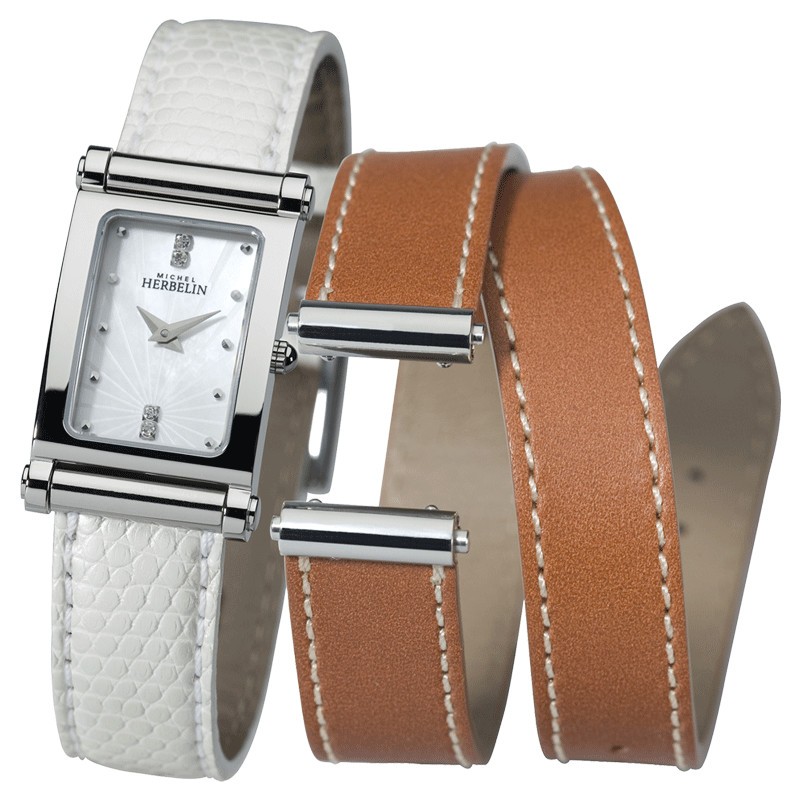 Montre Michel Herbelin Coffret Antarès quartz cadran nacre bracelets cuir blanc et brun - SOLDAT