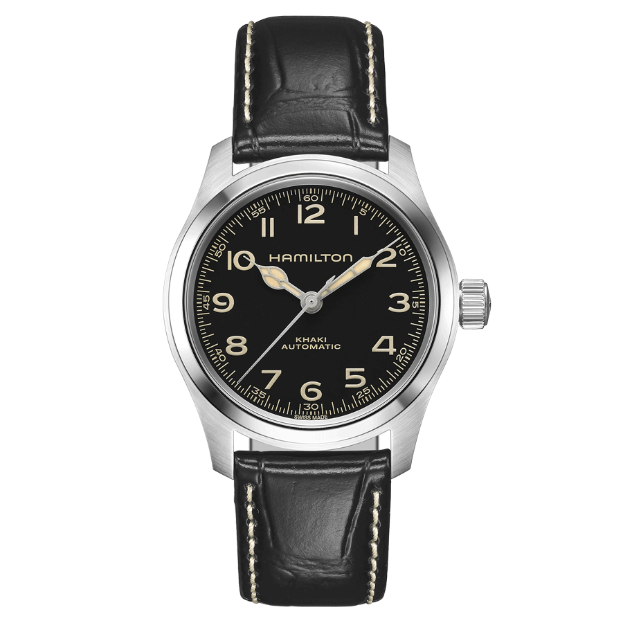 Montre Hamilton Khaki Field Murph automatique cadran noir bracelet cuir noir 38 mm H70405730