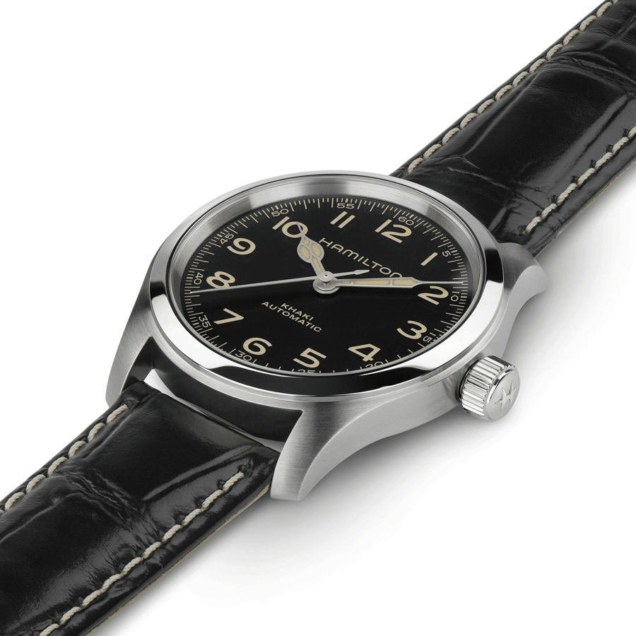 Montre Hamilton Khaki Field Murph automatique cadran noir bracelet cuir noir 38 mm H70405730