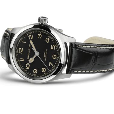 Hamilton Khaki Field Murph automatic watch black dial black leather strap 38 mm H70405730
