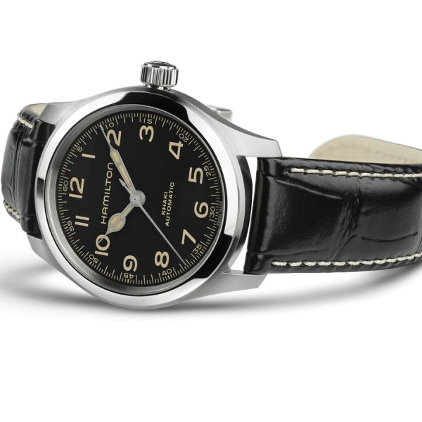 Montre Hamilton Khaki Field Murph automatique cadran noir bracelet cuir noir 38 mm H70405730