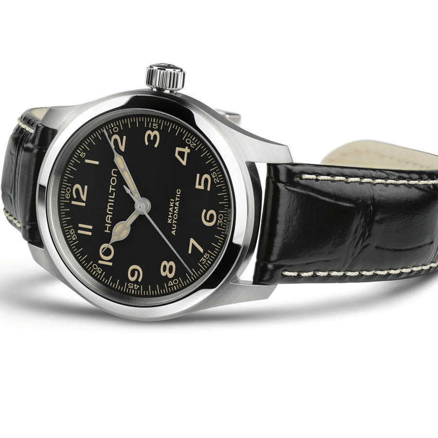 Montre Hamilton Khaki Field Murph automatique cadran noir bracelet cuir noir 38 mm H70405730