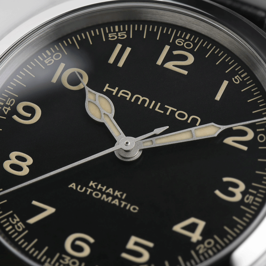 Montre Hamilton Khaki Field Murph automatique cadran noir bracelet cuir noir 38 mm H70405730